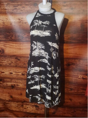 Women's Old Navy Tropical Palm Print Mini Dress Black White Size S